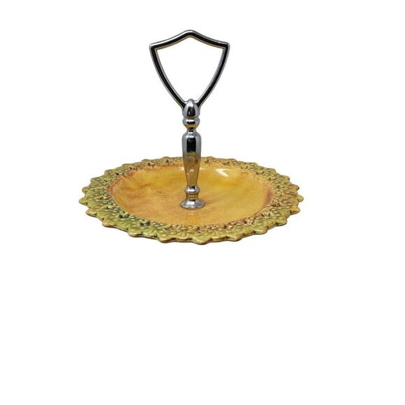 Vintage Mid Century Modern Tidbit Trays Serving Dish Mustard Avocado Top Handle - Picture 2 of 7